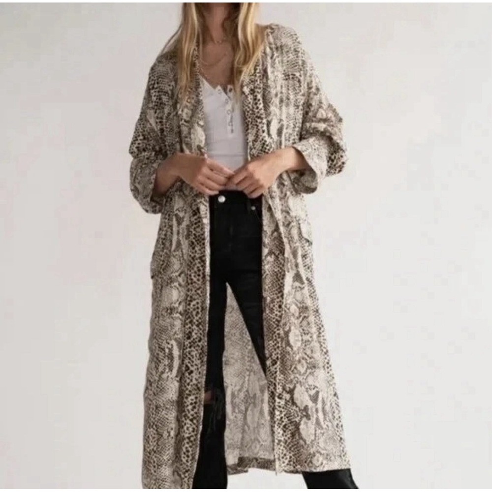 Free People Wild Nights Duster M Long cardigan Brown Cream Animal Print Boho